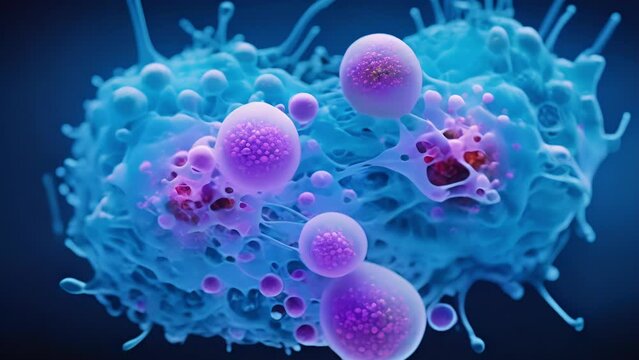 The microscopic view of ovarian cancer cells, showing the nuclei in blue and the cytoplasm in pink, highlighting the s of abnormal cells that constitute malignant tumor.