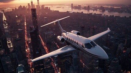 Small private jet flying above a bustling metropolitan cityscape at dusk created with Generative AI Technology - obrazy, fototapety, plakaty