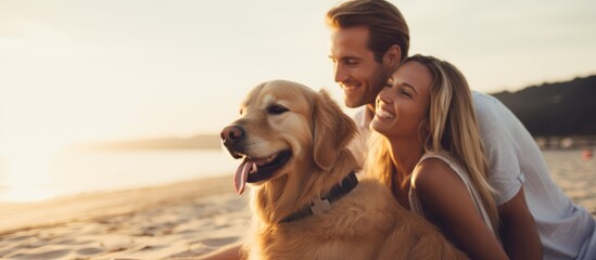 Couple smiling and bonding with golden retriever on beach, enjoying romantic holiday together.