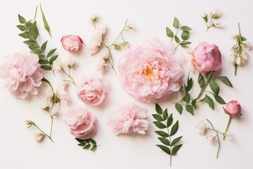 Decorative floral composition with pink roses, peonies, chameleucium flowers and green leaves on white table background. Flower pattern. Flat lay, top, Generative AI - obrazy, fototapety, plakaty
