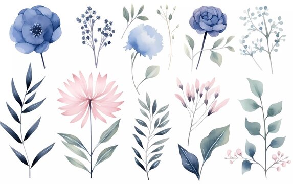 Collection of watercolor flower illustrations. DIY blush pink blue flowers, collection of individual elements green leaves. generative ai