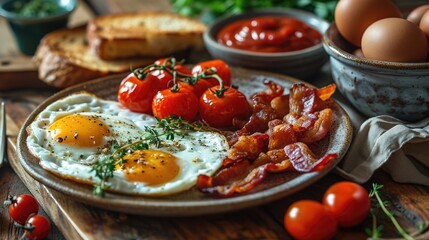 American breakfast big set on table with eggs fried,crispy bacon,grilled tomato and toast for advertising illustration. - obrazy, fototapety, plakaty