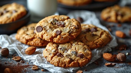Pile of cookies choc chips and almond. - obrazy, fototapety, plakaty