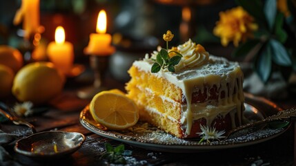 Lemon cake luxury style ,for birthday cake,dessert food concept and for presentation advertising with copy space.	
