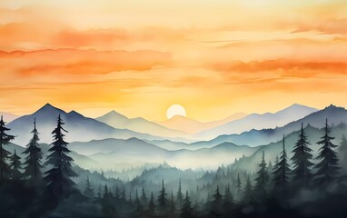 Sunrise scene with misty forest, distant mountains, and sunrise sky, in watercolor style. generative ai - obrazy, fototapety, plakaty