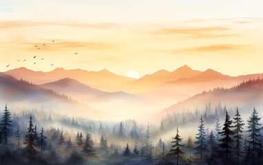 Obraz na płótnie Canvas Sunrise scene with misty forest, distant mountains, and sunrise sky, in watercolor style. generative ai