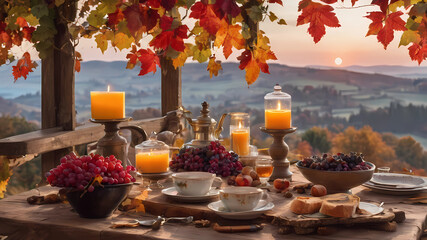 View to a rustic terrace filled with pots with autumn flowers and a vine full of red leaves and bunches of grapes. In the foreground a wooden table with a copious breakfast, coffee, bowls, vases and p