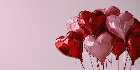 Red and white heart-shaped balloons on pink background, valentines day concept