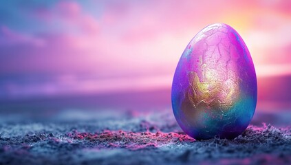 Obraz na płótnie Canvas Iridescent Easter egg on a beach at sunset