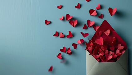 Valentine's day background. Red paper hearts fly out of an envelope on a blue background.