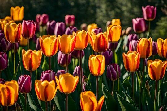 Picture the vibrant allure of Tulip spring flowers blooming gracefully in a field garden, each petal reflecting the perfection