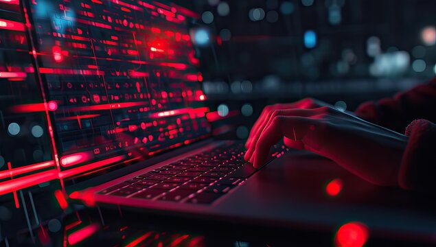 Close up of hacker hands typing on laptop keyboard at night in dark room
