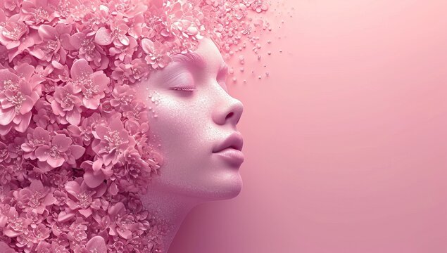 woman face with pink flowers in her hair