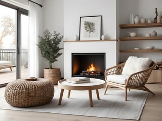 Rattan lounge chair, wicker, pouf and white sofa by fireplace. Scandinavian, hygge home interior design of modern living room.