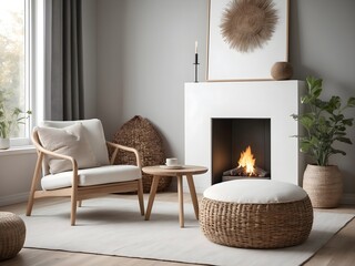 Rattan lounge chair, wicker, pouf and white sofa by fireplace. Scandinavian, hygge home interior design of modern living room.