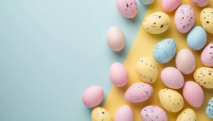 Fototapeta na wymiar Colorful Easter eggs on pastel blue and yellow background with copy space
