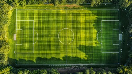 Aerial view of a lush green soccer field in the daylight