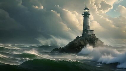 In the midst of the raging coastal storm, the lighthouse stood as a desolate island, its towering form a reminder of the unpredictable and treacherous nature of the sea. Fantasy animatio