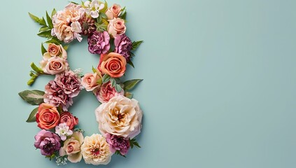 Floral Arrangement Forming Number Eight on Turquoise Background, woman day concept