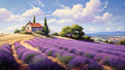 Idyllic landscape painting of a rustic countryside home amidst lavender fields, with cypress trees and rolling hills under a sunny sky