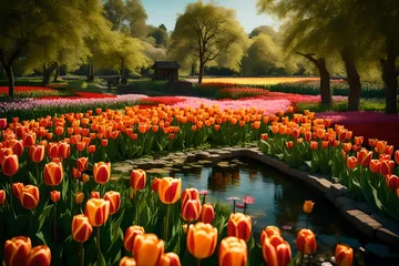 Fotobehang Envision a serene nature field garden adorned with the vibrant colors of Tulip spring flowers in full bloom.  © Muhammad