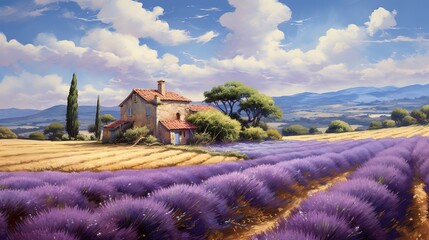 Idyllic landscape painting of a rustic countryside home amidst lavender fields, with cypress trees and rolling hills under a sunny sky