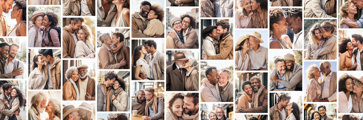 Collage of photos of diverse heterosexual and homosexual couples on a white background. Valentine's Day background