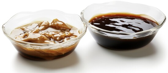 Soy souse and oyster sauce or balsamic vinegar puddles on white background.