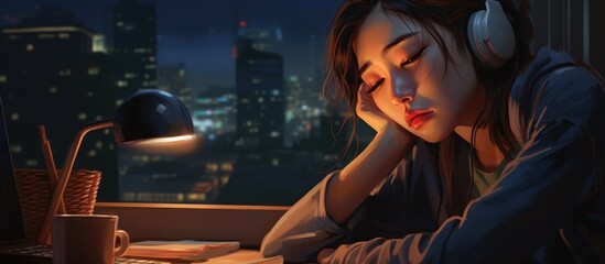 Overworked young Asian woman in a small e-commerce startup feels tired, frustrated, and has a headache while working late at night with coworkers.