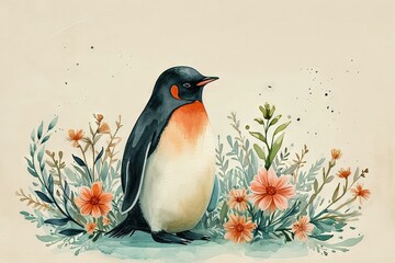 Naklejka premium Watercolor cute happy penguin side view, standing up. Emerald colour accents with a minimalist floral background. Boho style, vintage style. Great as birth card for baby, child. Child room wallpaper.