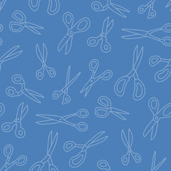 Vector Outline Scissors Seamless Pattern Illustration Flat Style Blue Background