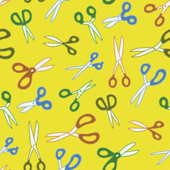 Vector Scissors Seamless Pattern Illustration Flat Style Yellow Background