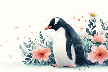 Watercolor cute happy penguin side view, standing up. Emerald colour accents with a minimalist floral background. Boho style, vintage style. Great as birth card for baby, child. Child room wallpaper.