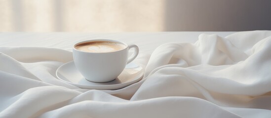 Fototapeta na wymiar Coffee cup on a white blanket on a bed with blurred foreground and background.