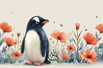 Fototapeta premium Watercolor cute happy penguin side view, standing up. Emerald colour accents with a minimalist floral background. Boho style, vintage style. Great as birth card for baby, child. Child room wallpaper.