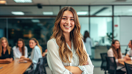 Young smiling successful businesswoman in formal wear standing in boardroom with arms crossed and looking at camera.In background her colleagues having meeting.