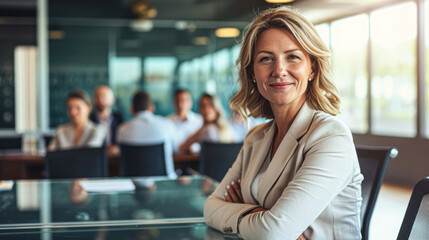 Young smiling successful businesswoman in formal wear standing in boardroom with arms crossed and looking at camera.In background her colleagues having meeting. - obrazy, fototapety, plakaty