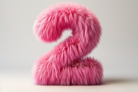 Cute pink number 2 or two as fur shape, short hair, white background, 3D illusion, storybook style