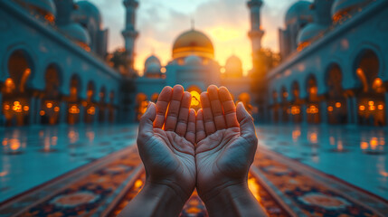 Muslim hands praying in the mosque background - obrazy, fototapety, plakaty