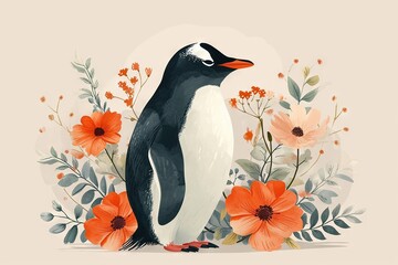 Naklejka premium Watercolor cute happy penguin side view, standing up. Emerald colour accents with a minimalist floral background. Boho style, vintage style. Great as birth card for baby, child. Child room wallpaper.
