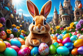 Fototapeta na wymiar Colorful Easter eggs surround bunny. Generative AI