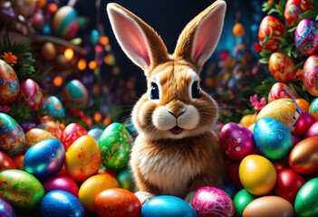 Fototapeta na wymiar Colorful Easter eggs surround bunny. Generative AI