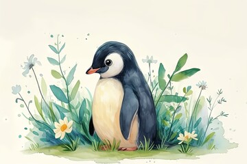 Naklejka premium Watercolor cute happy penguin side view, standing up. Emerald colour accents with a minimalist floral background. Boho style, vintage style. Great as birth card for baby, child. Child room wallpaper.