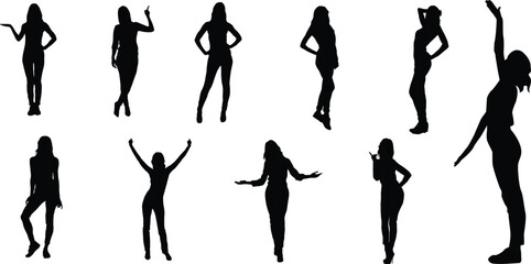 Set of woman silhouette full body in various pose illustration