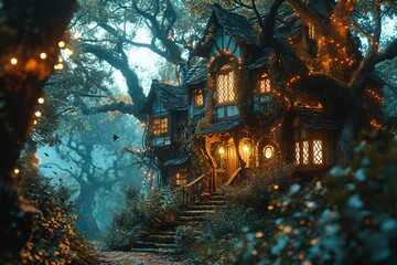 A glowing treetop village at dusk, with houses adorned in fairy lights, creating a magical and whimsical atmosphere in the forest canopy