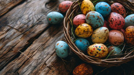 Obraz na płótnie Canvas Colorful speckled Easter eggs in a nest on rustic wood background.
