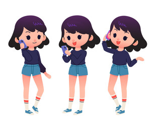 Fototapeta premium Vector collection of cute teenager girls characters in stylish clothing. Female characters in difference poses , talking on mobile phone. Isolated on white background