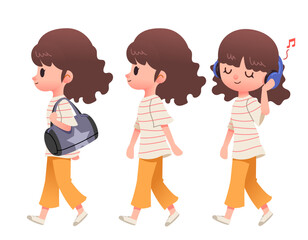 Fototapeta premium Vector collection of cute teenager girls characters in stylish clothing. Female characters walking, side view, carrying a bag, and listening to music, on white background