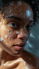 Fototapeta na wymiar Young woman with sudsy water on her face, shower freshness, natural beauty.