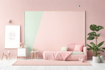 mockup wall art in pastel pink and green kids room or nursery with soft plush furnishings, add your own artwork to the frame